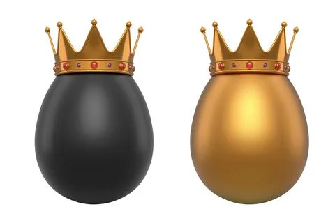 Black and gold eggs adorned with golden crowns with red gemstones, isolated on Stock Illustration
