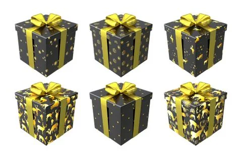 Black and gold gift boxes isolated on white background with gold bows and rib Stock Photos