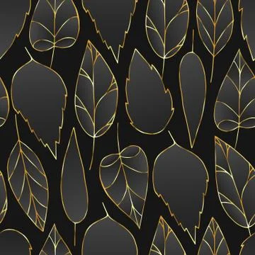 Black and gold vector seamless pattern with leaves Stock Illustration