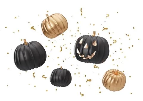 Black and golden pumpkins with falling confetti, isolated on white backgrou.. Stock Illustration