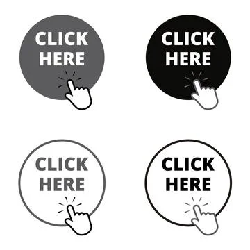 Black and gray click here round button with a hand clicking Stock Illustration