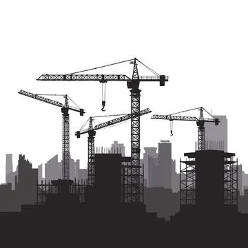 Black and gray construction cranes and buildings silhouette Stock Illustration