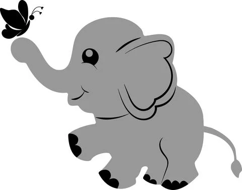 Black and gray cute simple elephant with a butterfly silhouette. Ilustración de archivo