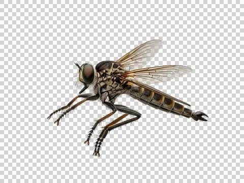 Black and gray fly in flight isolated on white background Stock Photos