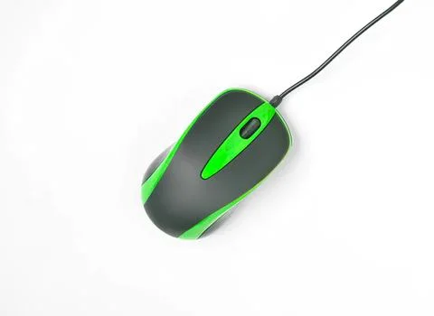 Black and green computer mouse with wired connection on white background Stock Photos
