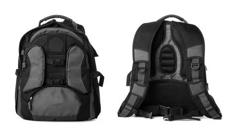 Black and grey backpack isolated on white, collage. Different sides Photos