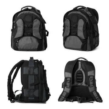 Black and grey backpack isolated on white, collage. Different sides Photos