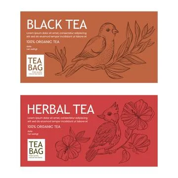 BLACK AND HERBAL TEA Packaging With Birds And Flowers Set 스톡 일러스트