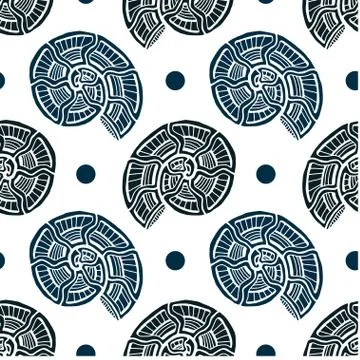 Black and indigo shells seamless pattern. Background with spiral ornament. Se Illustrazione stock
