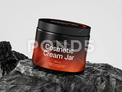 Black and Orange Gradient Cosmetic Cream Jar Mockup on Dark Natural Stone PSD Template