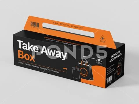 Black and orange takeaway box mockup with carry handle on gray background PSD Template