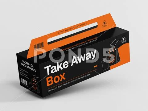 Black and orange takeaway box mockup with carry handle on gray background PSD Template