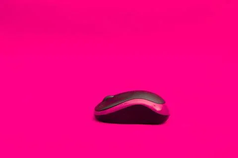 Black and pink computer mouse lying on a pink background Stock Photos
