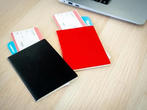 Black and red, differnt color of two passports with blank cover with two flig Foto stock