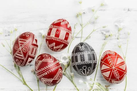 Black and red Easter eggs. Ukrainian pysanka Stock Photos