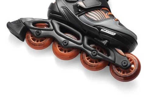 Black And Red Inline Roller Skates With Red Wheels For Fitness Fun Adventure Stock Photos