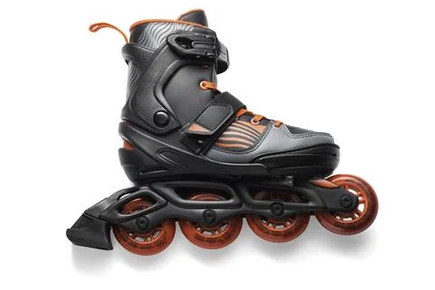 Black And Red Inline Roller Skates With Red Wheels For Fitness And Fun Stock Photos