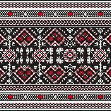 A black and red knitted pattern with hearts, repeated seamless border Stock Illustration
