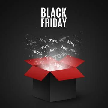 Black and red magic box for sale on a black Friday. Big discounts fly out of 库存插图