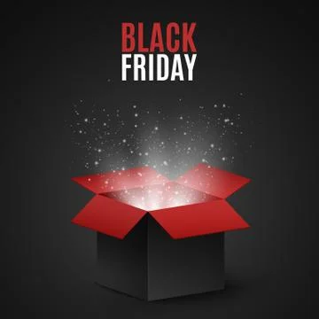 Black and red magic box for sale on a black Friday. Flying light particles an Stock Illustration