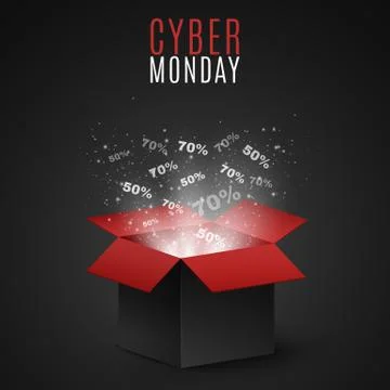 Black and red magic box for sale on cyber Monday. Big discounts fly out of th 库存插图