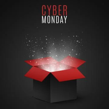 Black and red magic box for sale on cyber Monday. Flying light particles and Stock Illustration