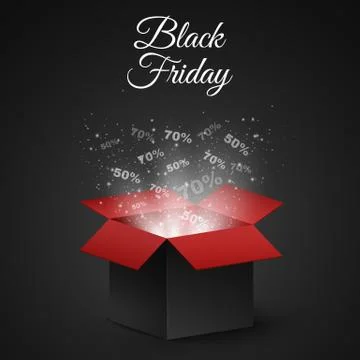 Black and red magic box for sale on a black Friday. Big discounts fly out of Stock Illustration