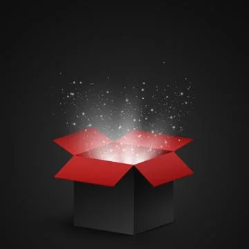 Black and red open box with magical dust and luminous white particles on a da Stock Illustration