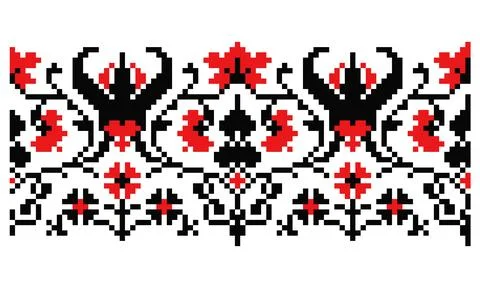 Black and red pixel botanical repeated ornament 스톡 일러스트