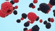 Black And Red Raspberries Explosion In Slow Motion. 4K 3D Render Animation Foota Stock Footage