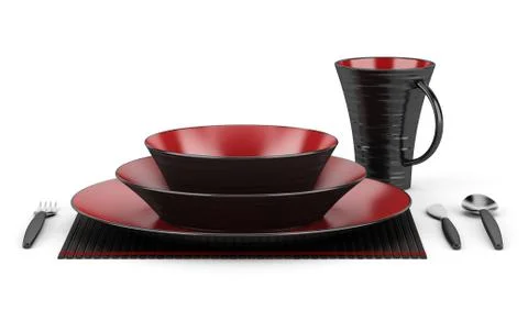Black and red table setting with cup isolated on white background Illustrazione stock