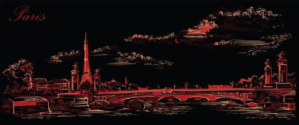 Black and red vector hand drawing Paris, part 4 Illustrazione stock