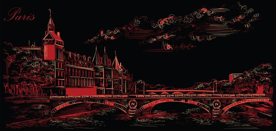 Black and red vector hand drawing Paris, part 5 Stock Illustration