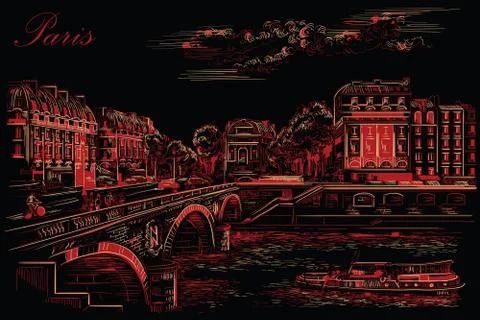 Black and red vector hand drawing Paris, part 7 Stock Illustration