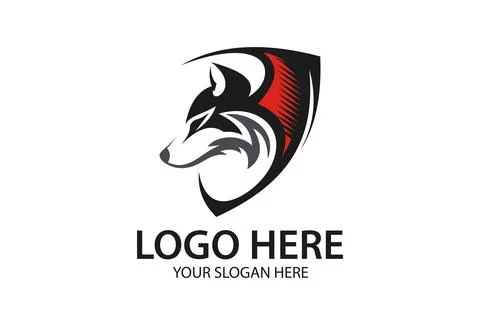 Black and Red Wolf Head with Shield Logo Design	 Stock Illustration