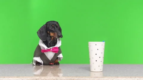 A black and tan dachshund in a sharp black and white bartender outfit stands Stock Footage 331304167