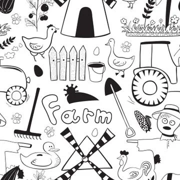 Black and whete vector seamless pattern farm elements in doodle style Illustrazione stock