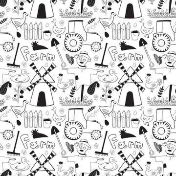 Black and whete vector seamless pattern farm elements in doodle style 스톡 일러스트