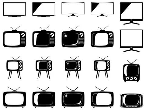 Black and white 20 element tv silhouette set Stock Illustration