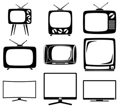 Black and white 9 element tv silhouette set 스톡 일러스트