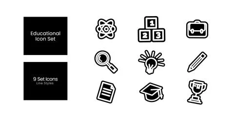 Black and white 9 icon set educational icons set design Stock Illustration