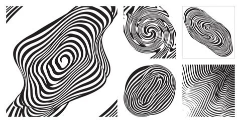 Black and white abstract hypnotic optical art set featuring swirling line patter Stock Illustration