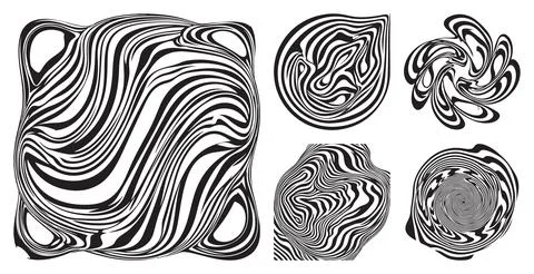 Black and white abstract liquid wave shapes set with distorted lines and flowing Stock Illustration