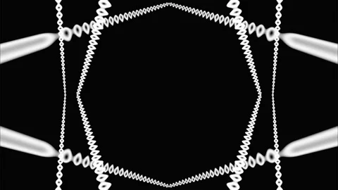 Black and white abstract ornament of animated circles, rays and lines. Pulsating Stock Footage 247683033