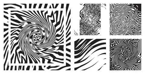 Black and white abstract pattern collection featuring swirling shapes and distor Illustrazione stock