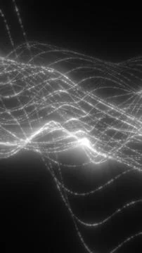 Black and white abstract wave lines with glowing dotted trails, representin.. Illustrazione stock