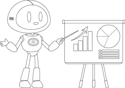 Black and White AI Robot Cartoon Character Presenting Business Growth Chart Stock Illustration