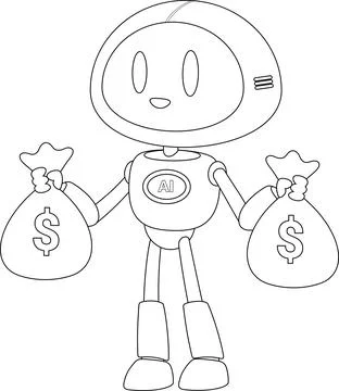 Black and White AI Robot Character Holding Money Bags Earning Profit Finance Stock Illustration