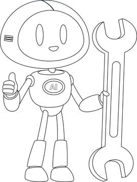 Black and White AI Robot Cartoon Character Holding Wrench And Showing Thumb Up Stock Illustration