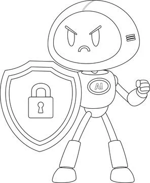 Black and White AI Robot Cartoon Character Protecting With Shield And Lock Stock Illustration